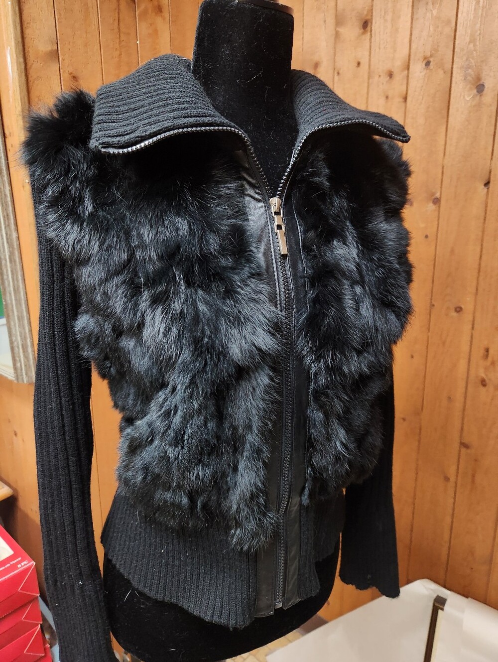 Black Rabbit Fur Zip Front Vest with Ribbed Knit Sleeves USA Made